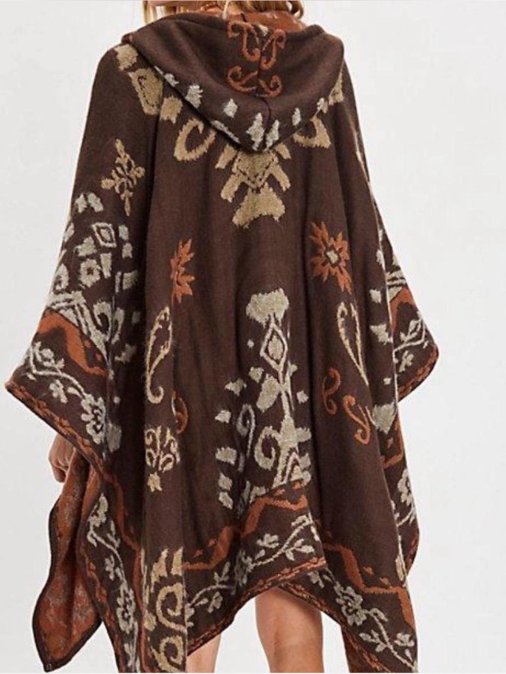 922. FREE PEOPLE Bohemian Rown Printed Hooded Duster Poncho in Brown NWT OS $98